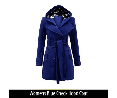 Womens Blue Check Hood Coat